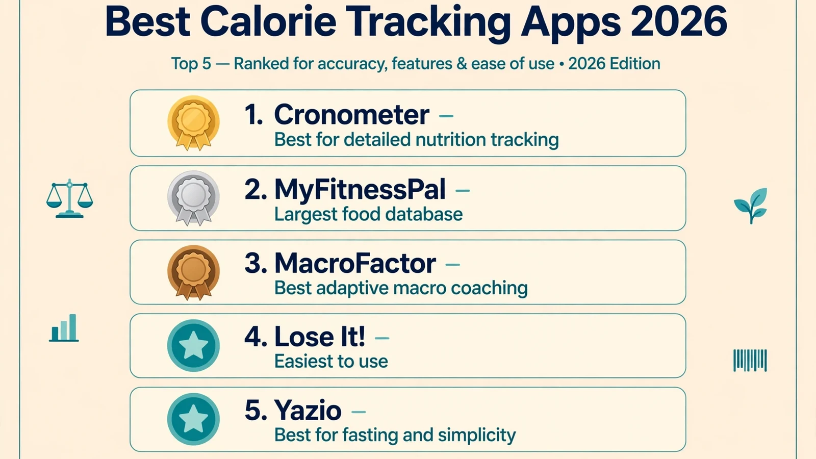 ranking the best calorie tracking apps of 2026: Cronometer, MyFitnessPal, MacroFactor, Lose It!, and Yazio, each with its top strength
