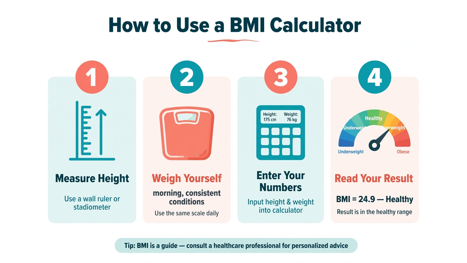 Step by step chart showing how a woman measures height and weight for a BMI calculation