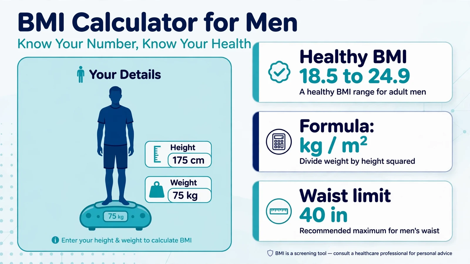 BMI calculator for men overview with key body mass index stats for men