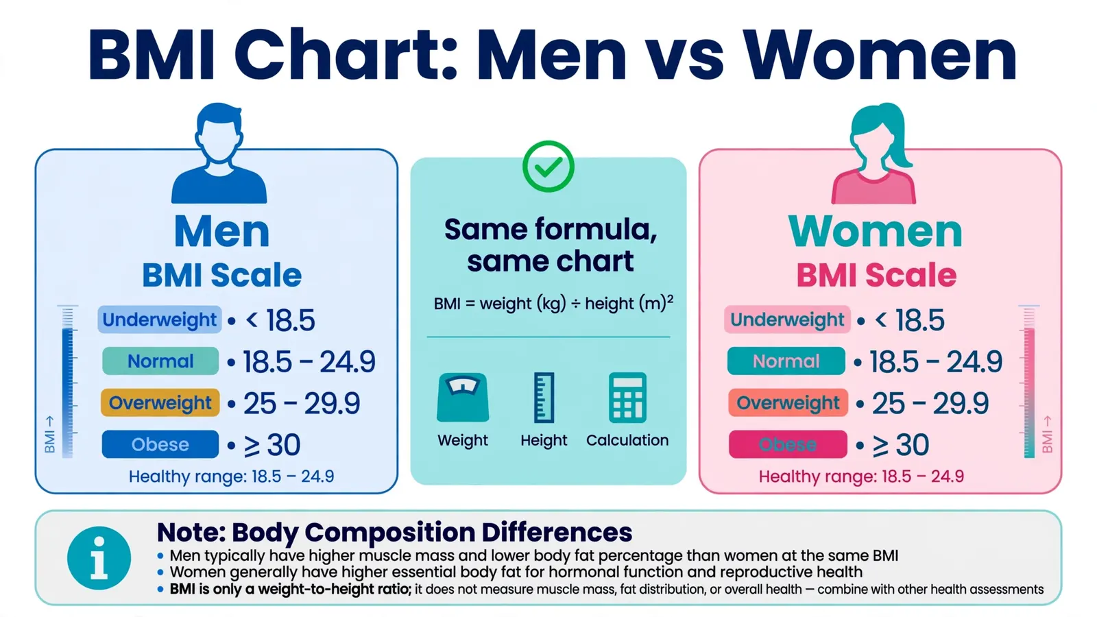 BMI chart men vs women comparison showing same formula for both