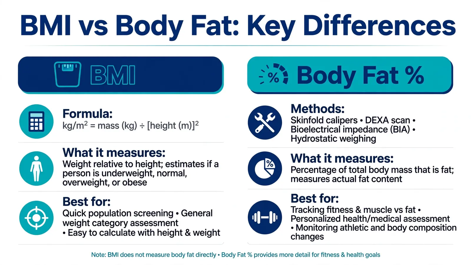 BMI vs body fat key differences table comparison