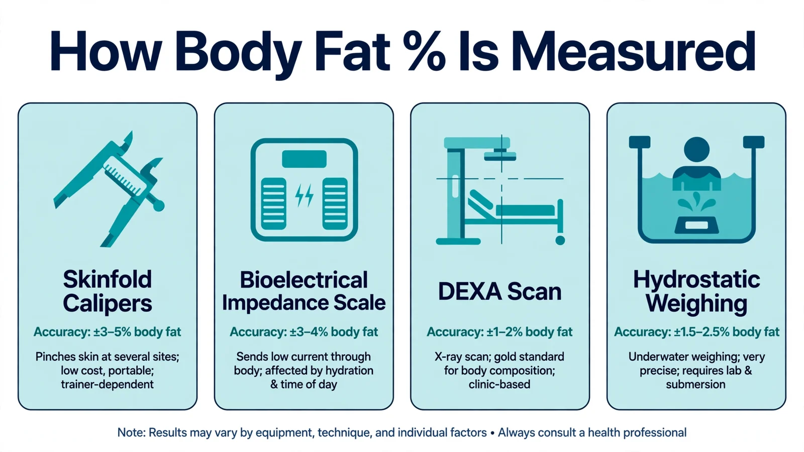 How body fat percentage is measured showing 4 methods