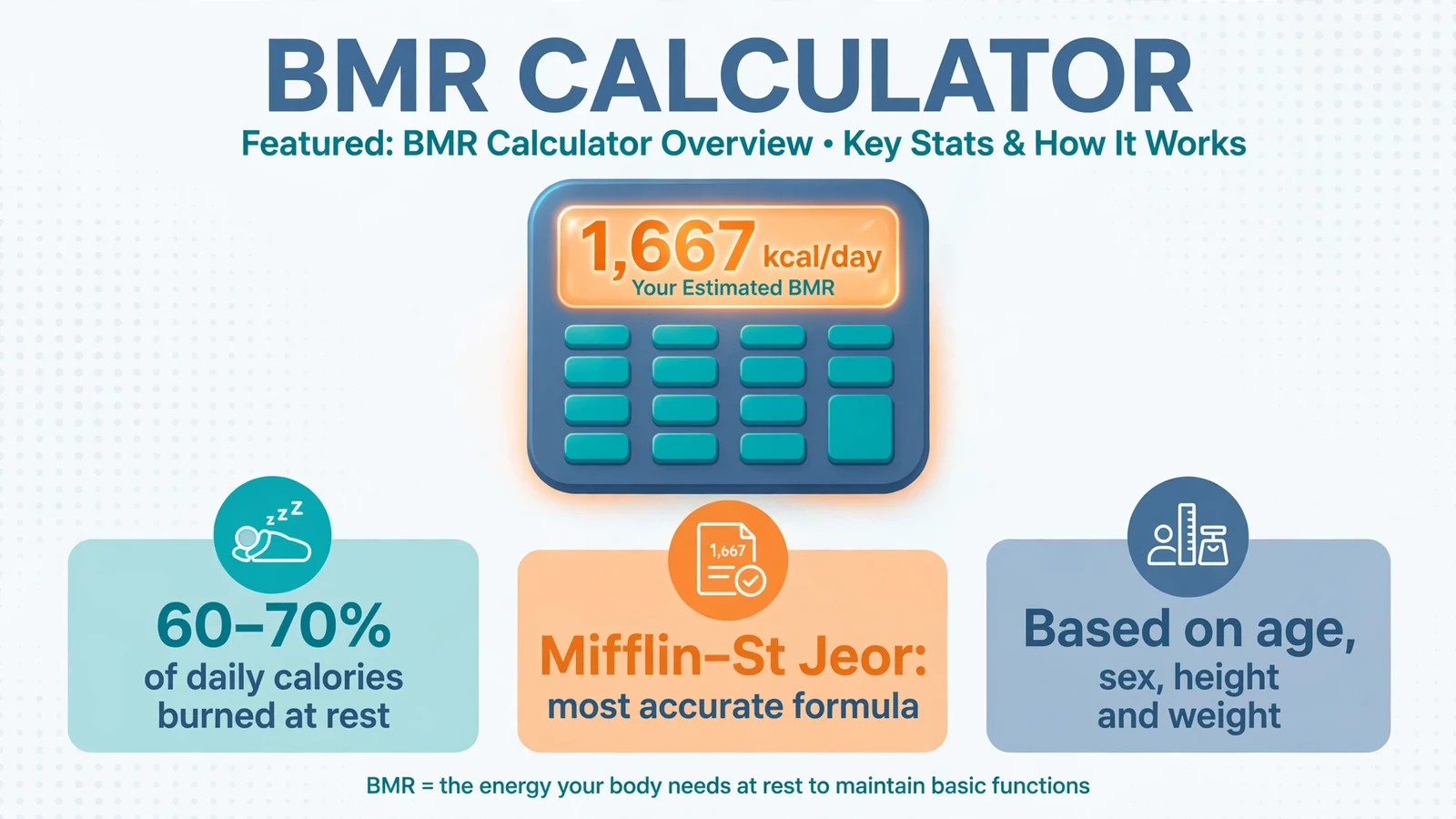 BMR calculator overview with key stats on basal metabolic rate, calories burned at rest and the Mifflin-St Jeor formula
