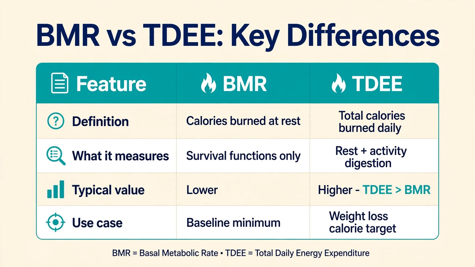 BMR vs TDEE key differences comparison table covering definition, what it measures, typical value (TDEE > BMR), and use case (baseline minimum vs weight loss calorie target)