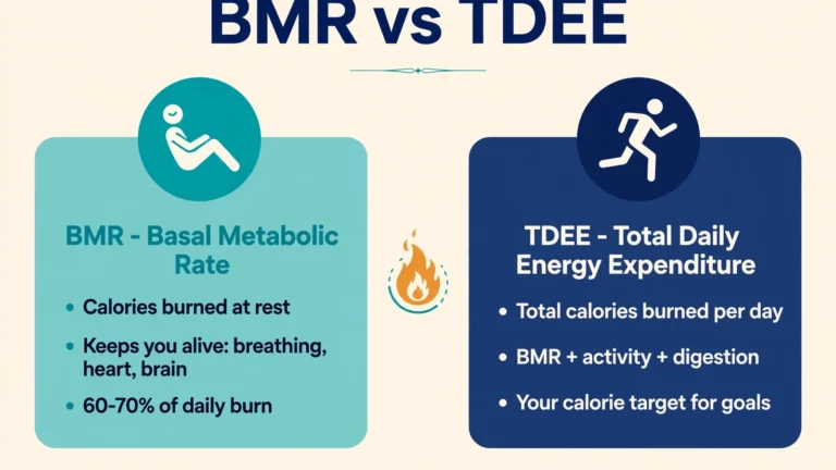 BMR vs TDEE comparing basal metabolic rate (calories burned at rest, 60-70% of daily burn) with total daily energy expenditure (BMR + activity + digestion) in a side-by-side chart