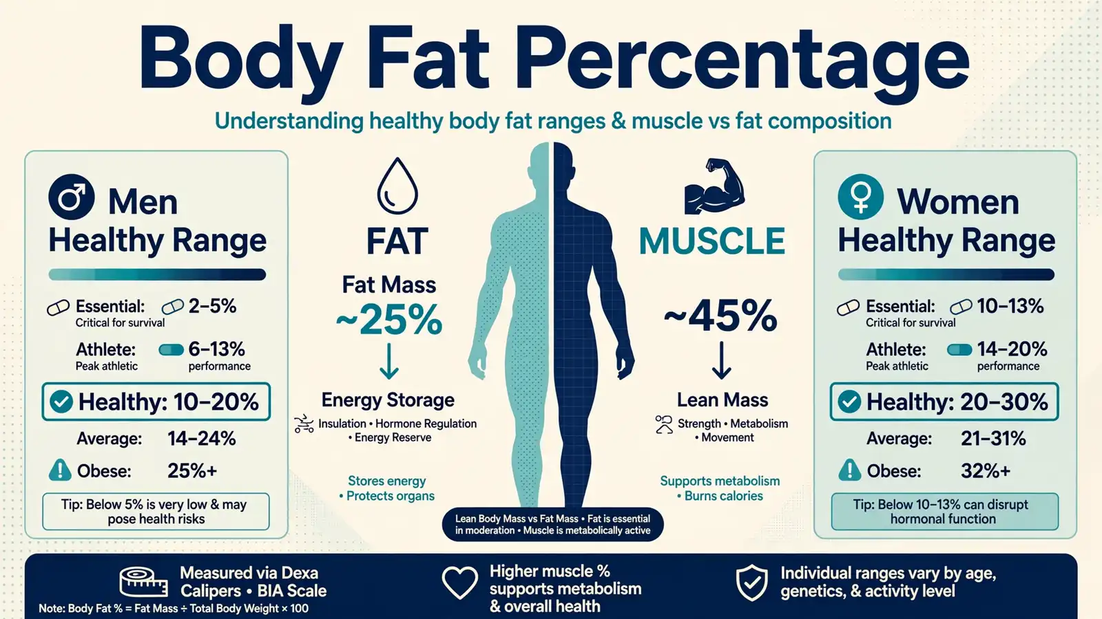 What body fat percentage means with an 80kg example showing 20 percent fat