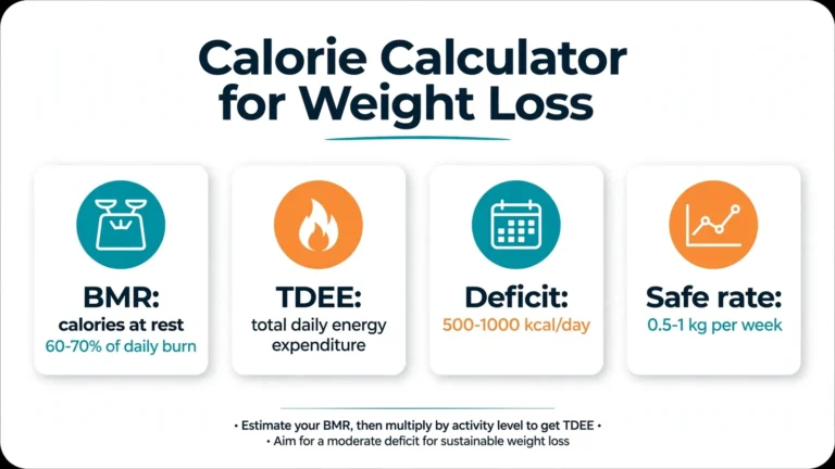 Calorie calculator for weight loss: key stats showing BMR, TDEE, safe calorie deficit, and weekly fat-loss rate