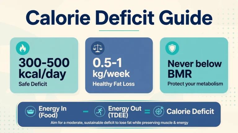 Calorie deficit guide showing a safe calorie deficit of 300-500 kcal per day, healthy fat loss of 0.5-1 kg per week, never eating below BMR, and the calorie deficit equation: Energy In minus Energy Out equals Calorie Deficit.