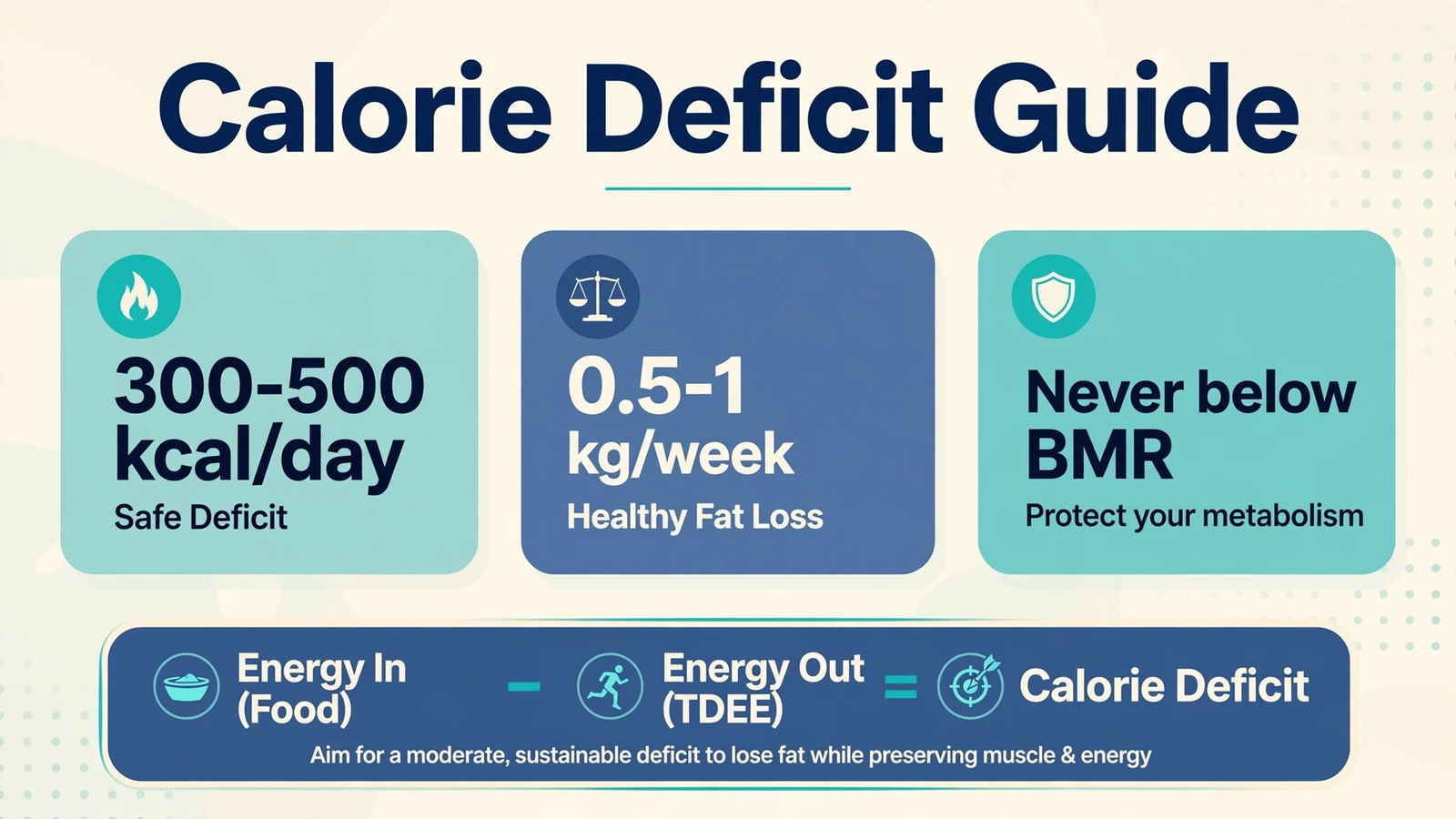Calorie deficit guide showing a safe calorie deficit of 300-500 kcal per day, healthy fat loss of 0.5-1 kg per week, never eating below BMR, and the calorie deficit equation: Energy In minus Energy Out equals Calorie Deficit.