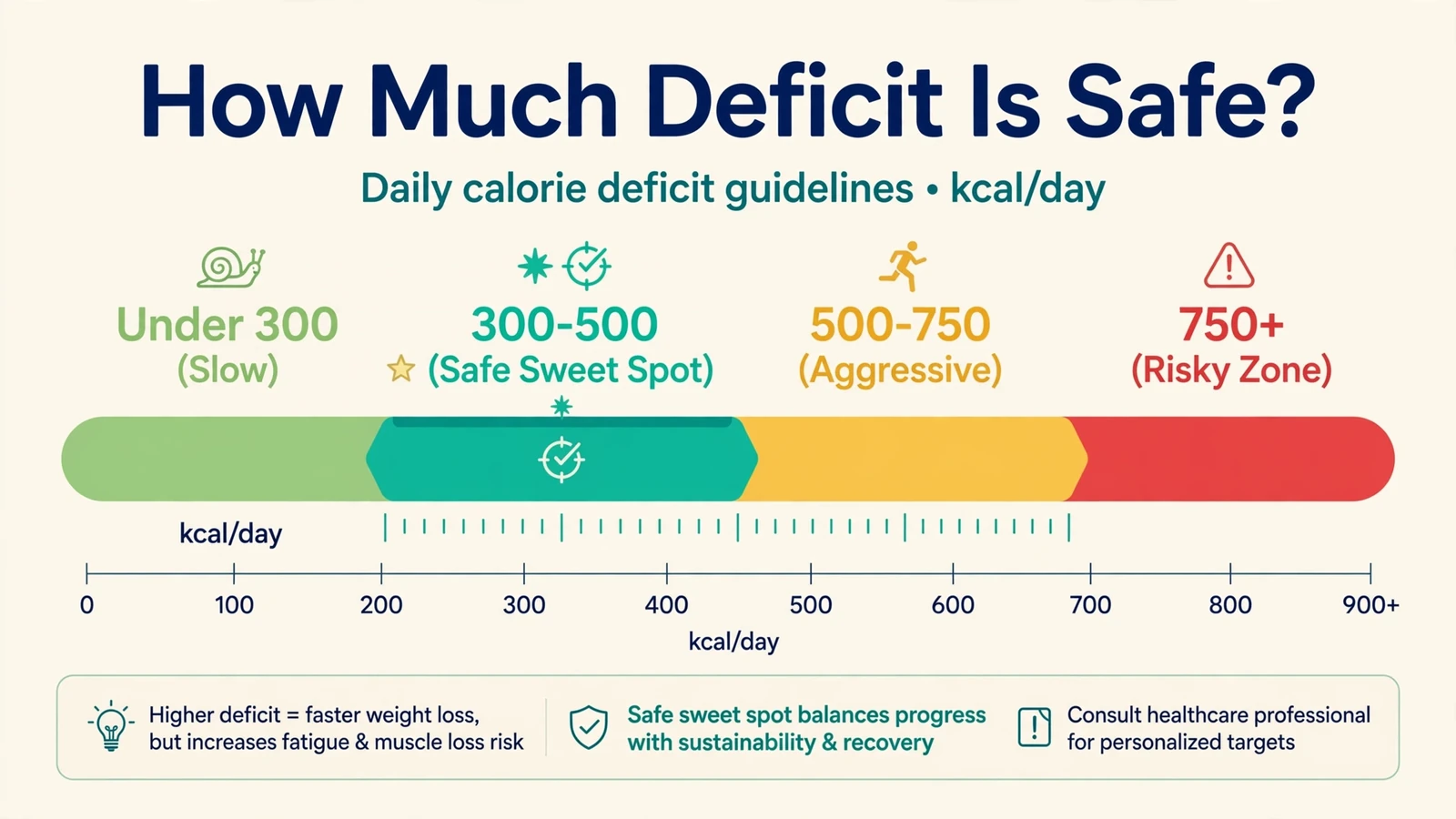 Safe calorie deficit range with a color-coded horizontal scale: under 300 kcal per day is slow, 300-500 is the safe sweet spot, 500-750 is aggressive, and 750+ is the risky zone.