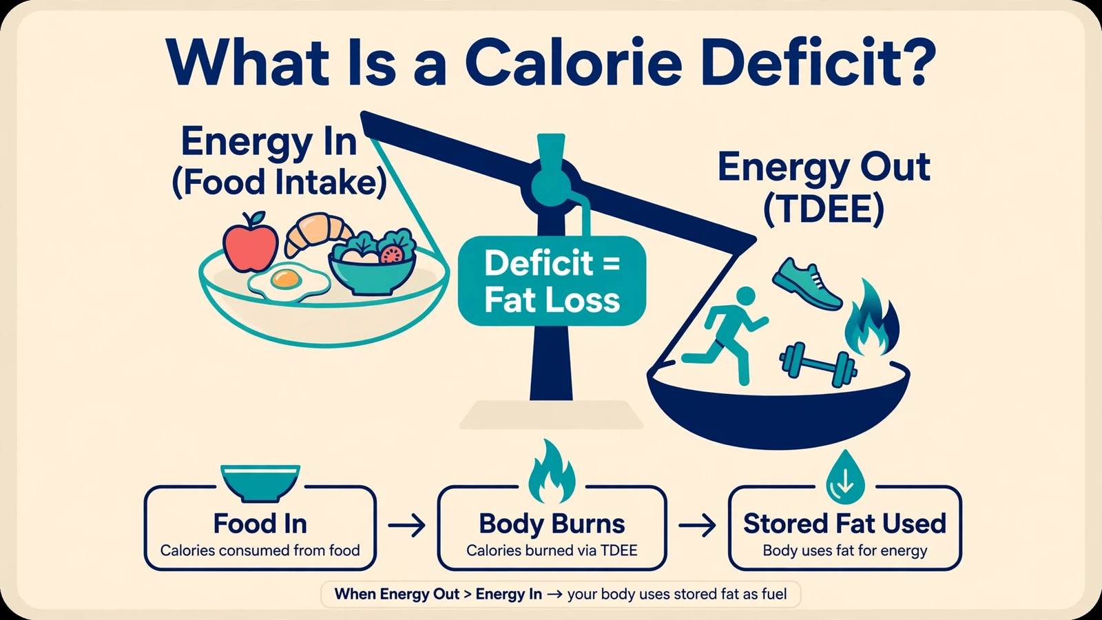 What is a calorie deficit with a balance scale diagram comparing Energy In from food intake versus Energy Out as TDEE, showing Deficit equals Fat Loss with a Food In, Body Burns, Stored Fat Used flow.