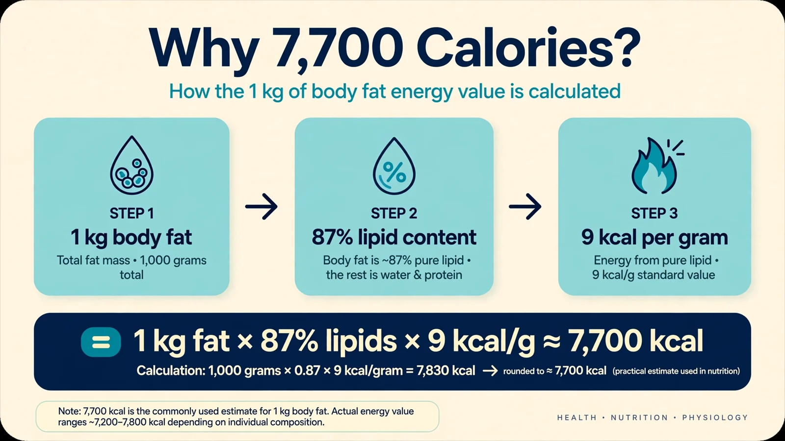 explaining why 1 kg of fat equals 7,700 calories with a three-step equation: 1 kg body fat x 87% lipid content x 9 kcal per gram