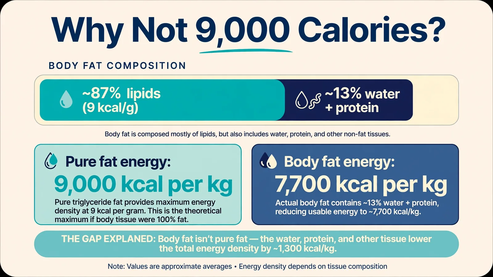 comparing pure fat energy of 9,000 kcal per kg with body fat energy of 7,700 kcal, shown as a stacked bar of 87% lipids and 13% water and protein