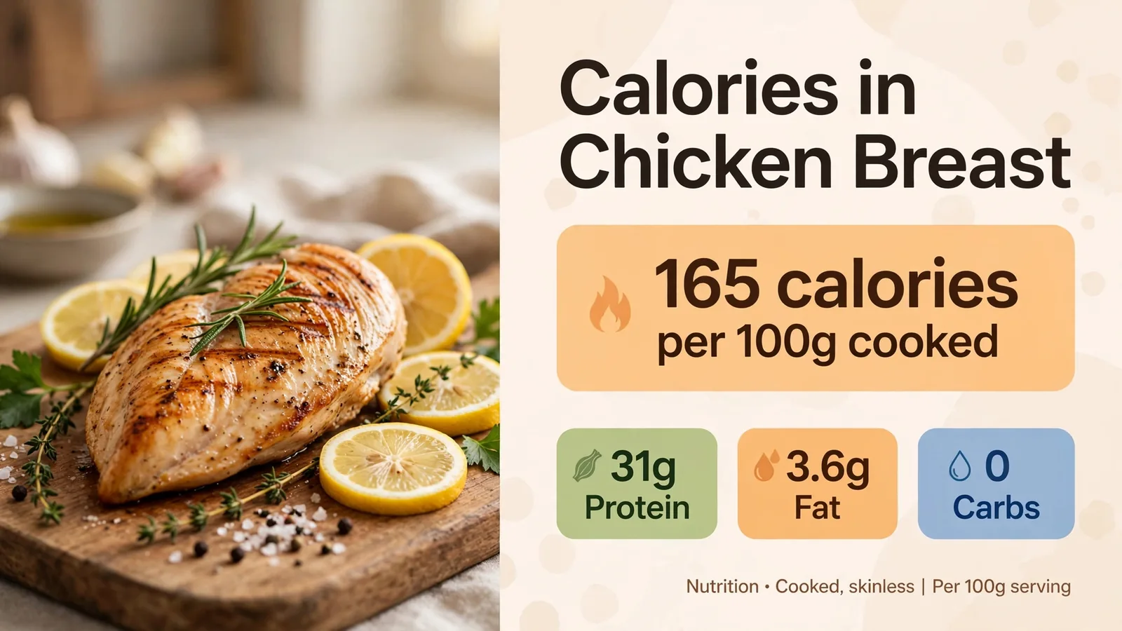 Grilled chicken breast with lemon and herbs showing calories in chicken breast at 165 per 100g, with 31g protein, 3.6g fat and 0 carbs stat badges