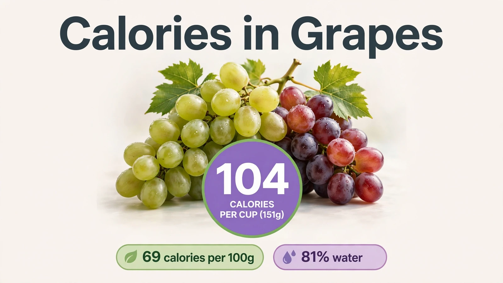 Fresh red and green grapes with 104 calories per cup callout showing calories in grapes