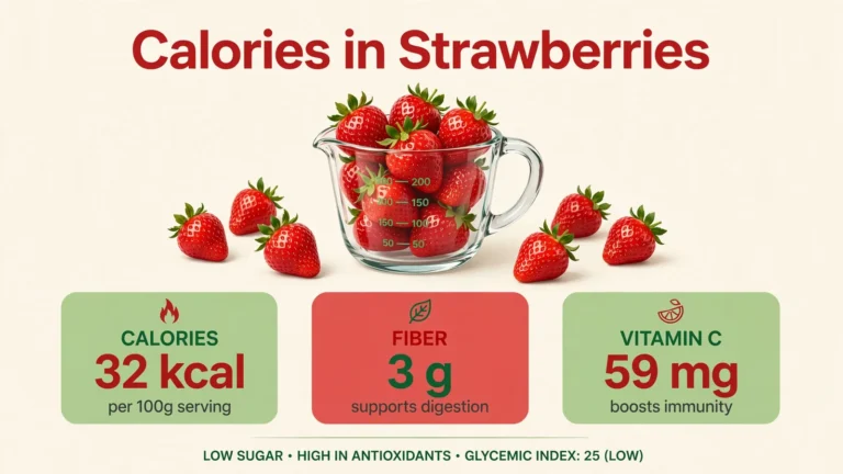 Calories in strawberries: fresh red strawberries in a glass measuring cup with calorie, fiber and vitamin C stat cards