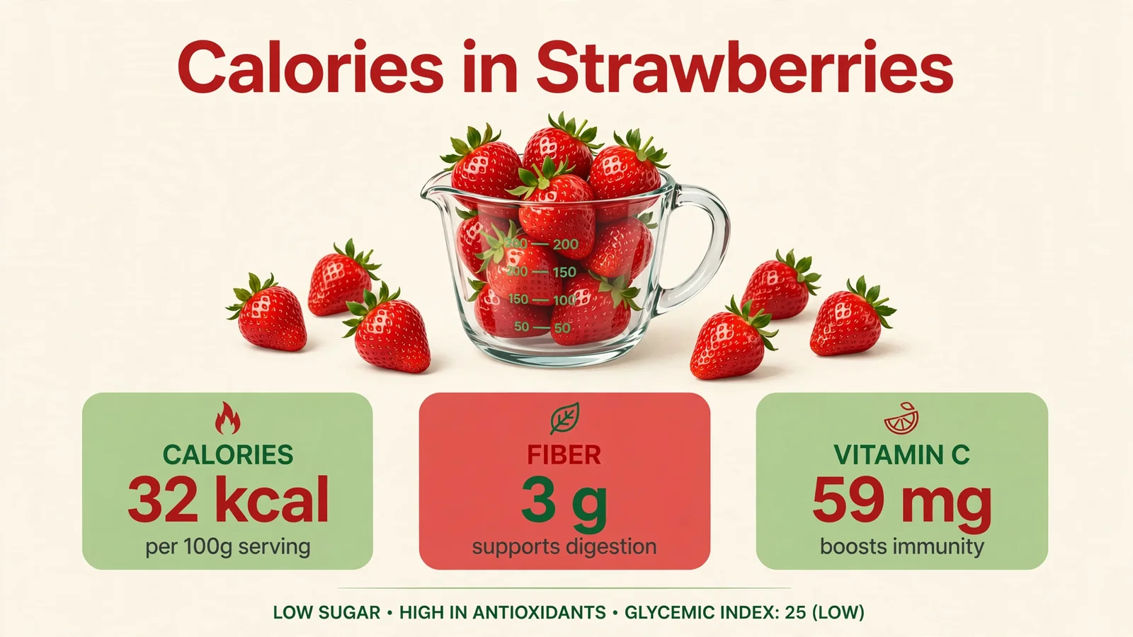 Calories in strawberries: fresh red strawberries in a glass measuring cup with calorie, fiber and vitamin C stat cards