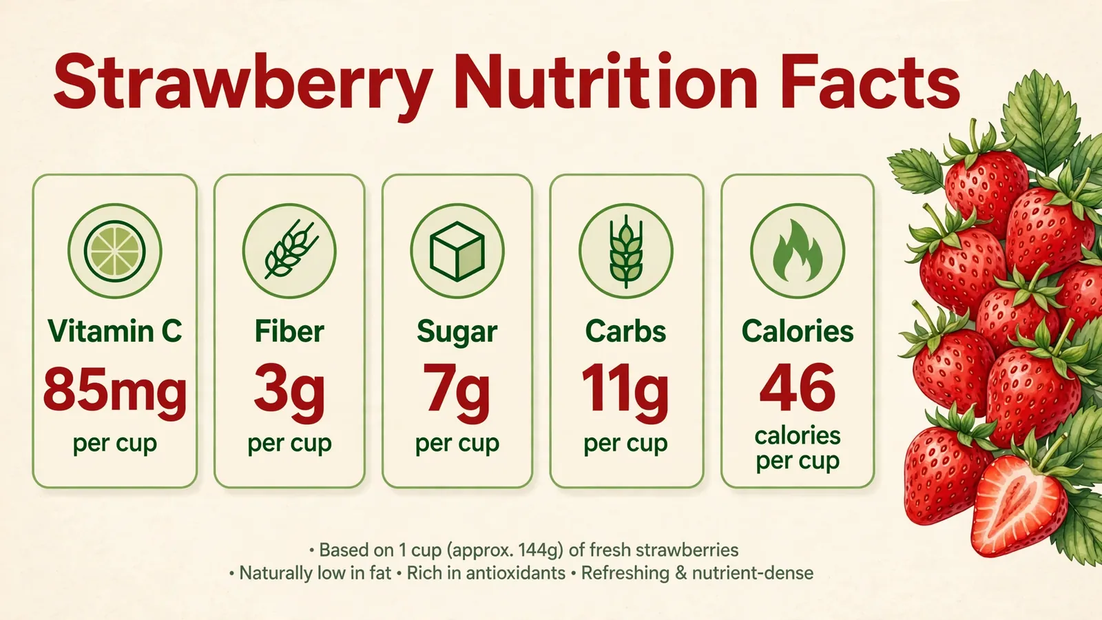 Strawberry nutrition facts per cup: 46 calories, 85mg vitamin C, 3g fiber, 7g sugar and 11g carbs