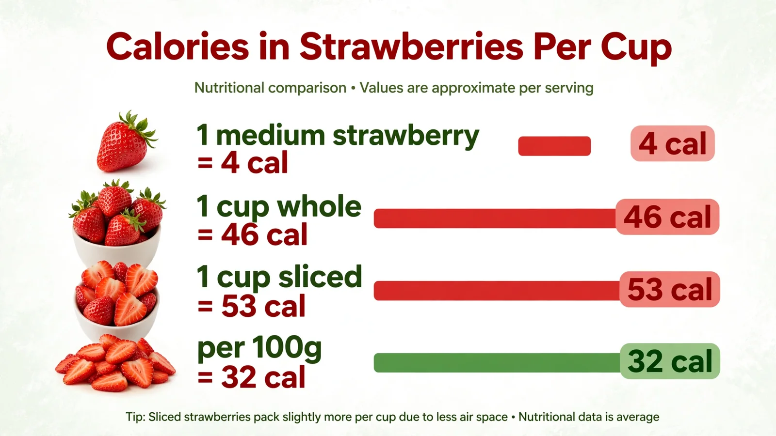 Calories in strawberries per cup: bar chart showing 4 calories per berry, 46 per cup whole, 53 per cup sliced and 32 per 100 grams