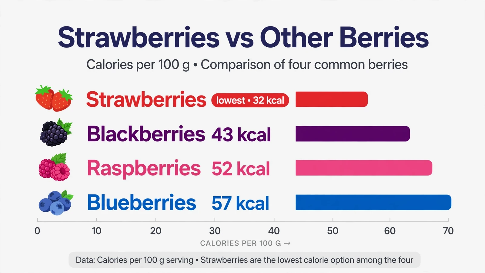 Strawberry calorie comparison chart: strawberries 32 kcal vs blackberries 43, raspberries 52 and blueberries 57 per 100 grams
