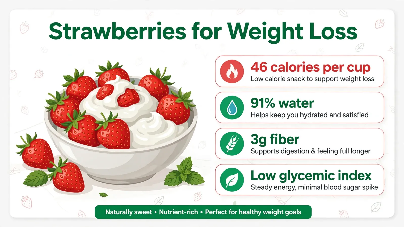 Strawberries for weight loss: bowl of fresh strawberries with yogurt showing 46 calories per cup, 91 percent water and 3g fiber