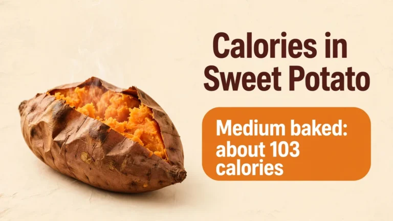 Baked sweet potato cut open showing a medium serving has about 103 calories