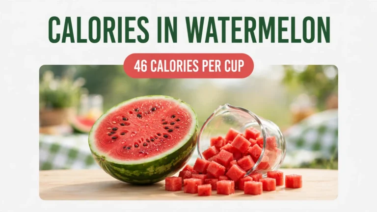 Fresh watermelon half and diced cubes showing calories in watermelon: 46 calories per cup