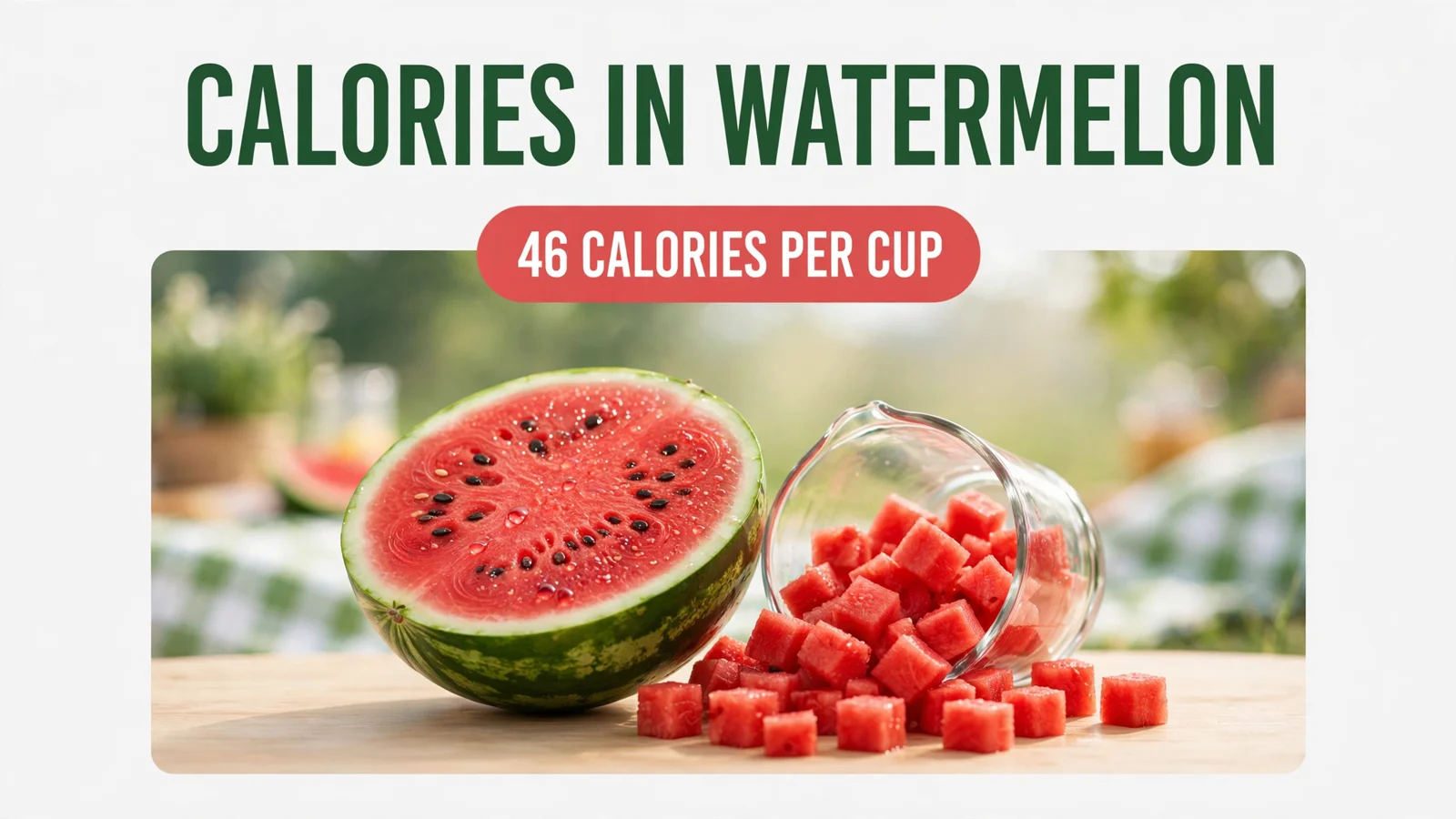 Fresh watermelon half and diced cubes showing calories in watermelon: 46 calories per cup