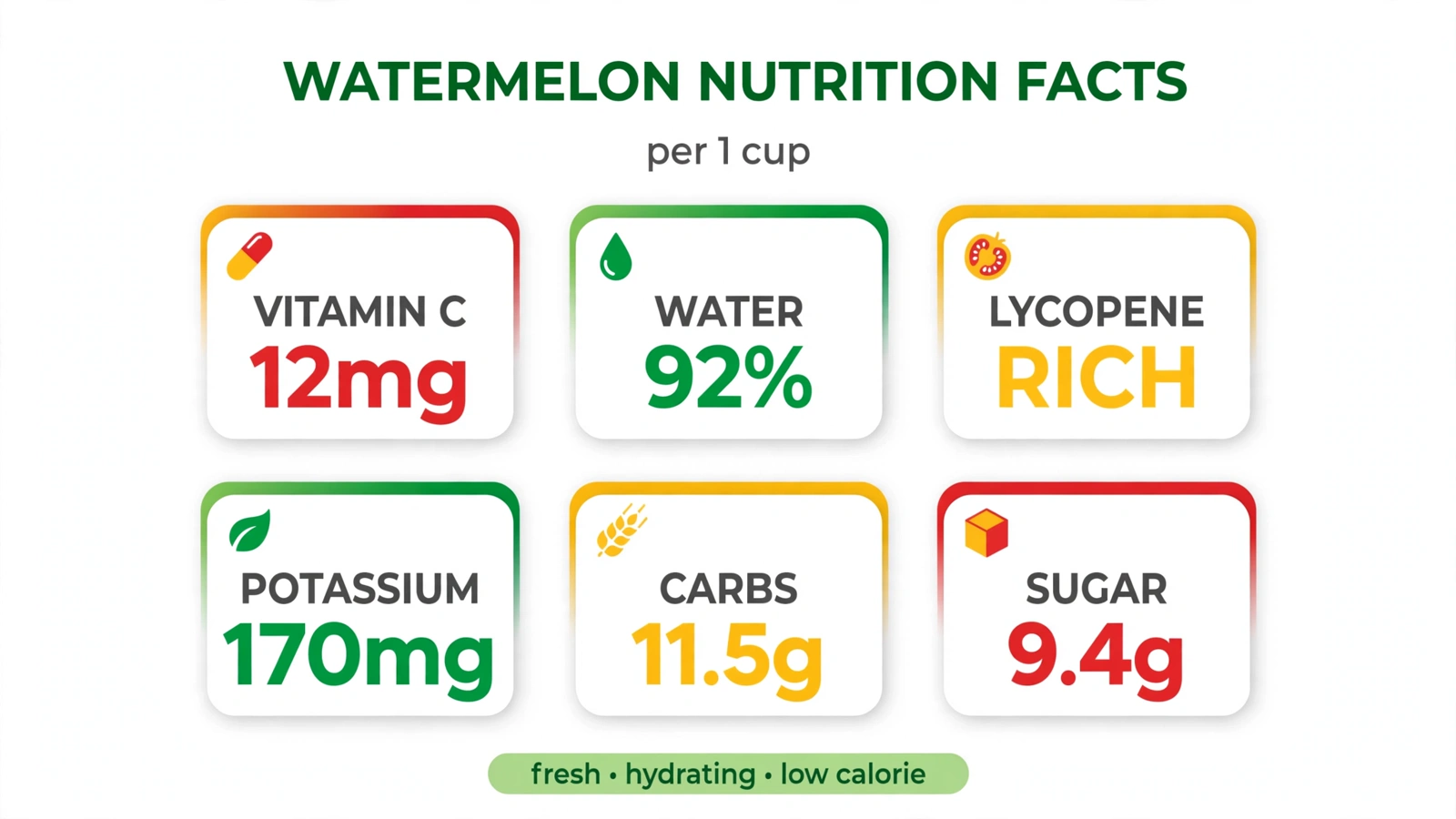 Watermelon nutrition facts per cup: vitamin C, 92 percent water, lycopene, potassium, carbs and sugar