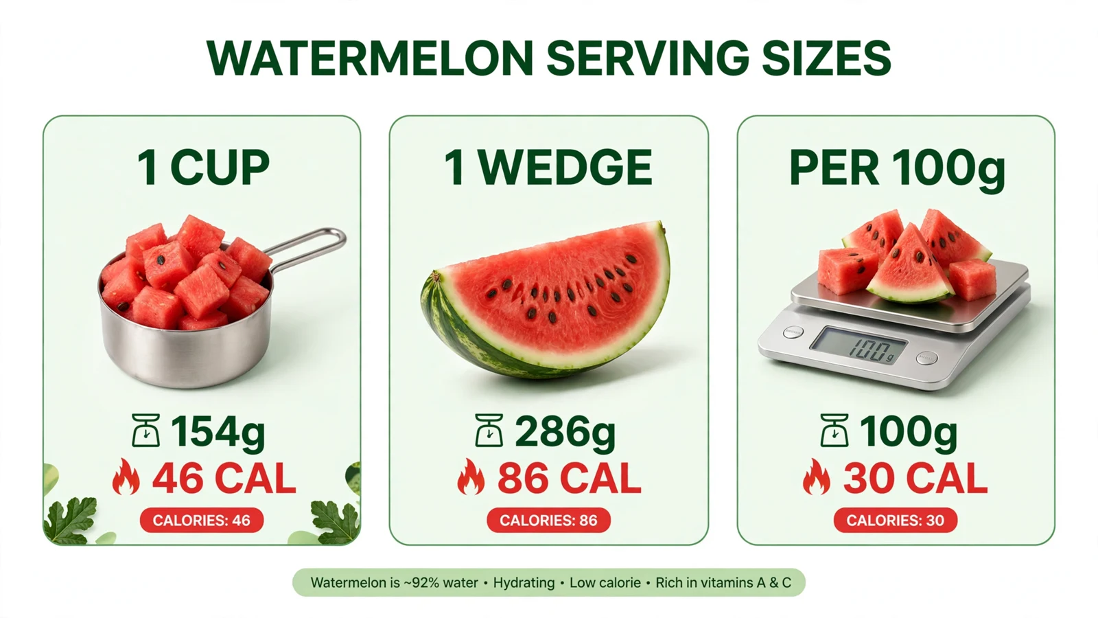 Watermelon serving sizes and calories: 1 cup 46 calories, 1 wedge 86 calories, 100g 30 calories
