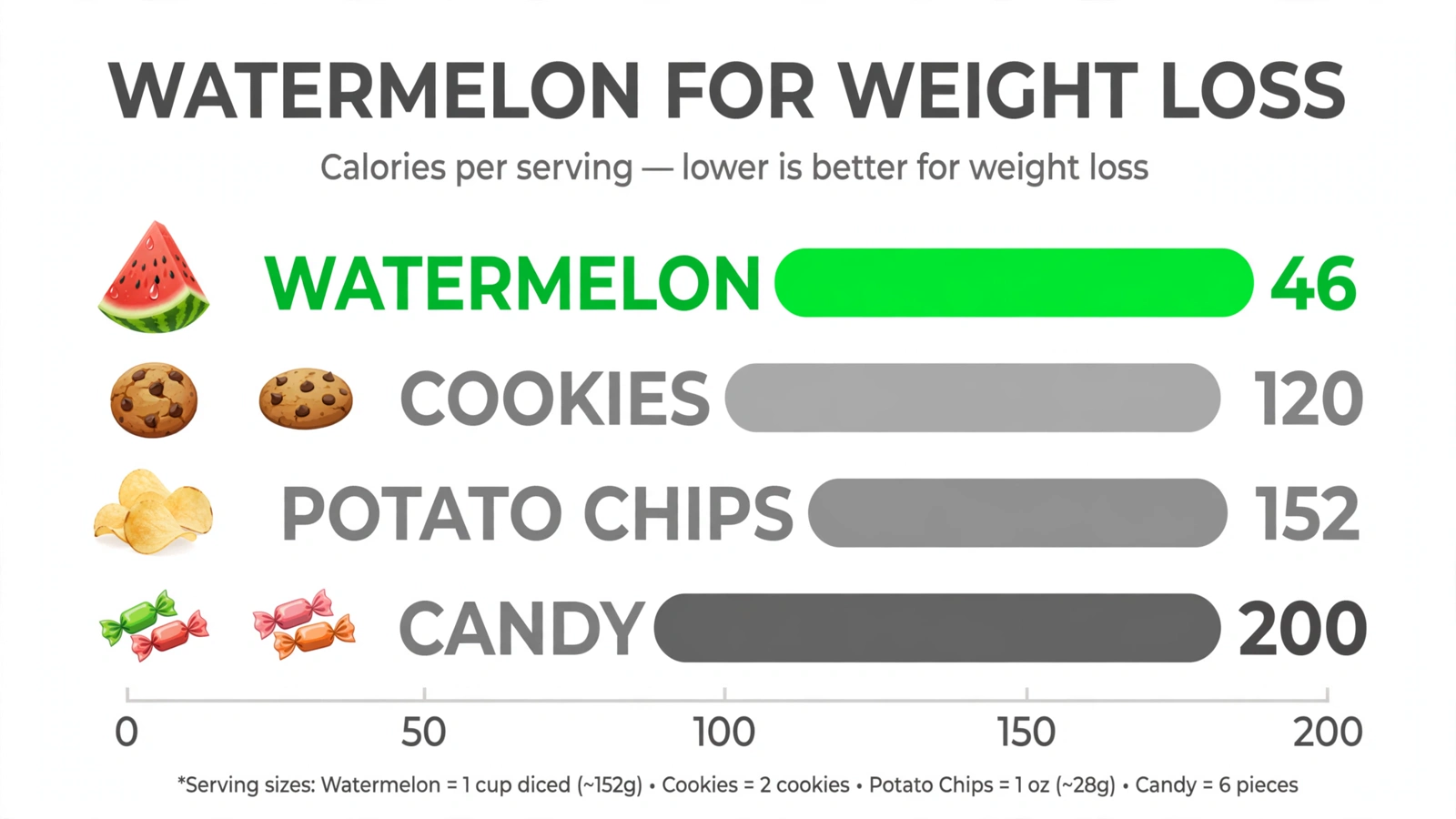 Calorie comparison chart showing watermelon at 46 calories versus cookies, chips and candy for weight loss