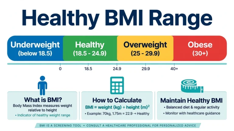 Healthy BMI range showing BMI categories from underweight to obese with color-coded scale