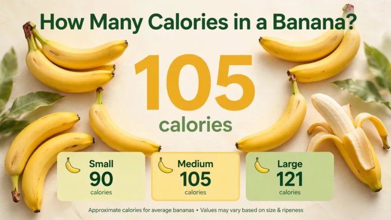 How many calories in a banana: a medium banana has 105 calories, shown with fresh yellow bananas