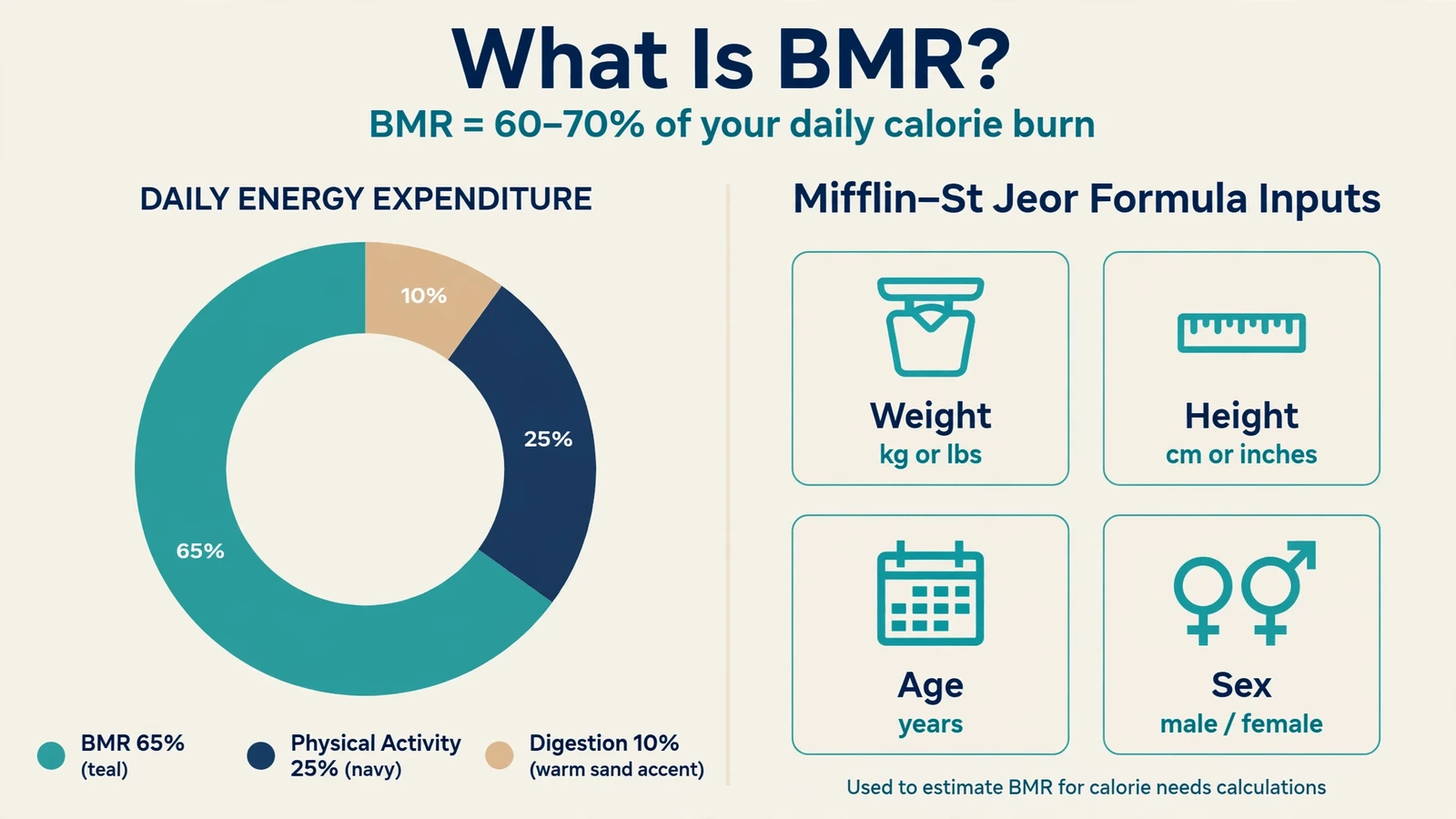 what is BMR - donut chart of daily energy expenditure showing BMR at 65%, activity at 25%, digestion at 10%, plus Mifflin-St Jeor formula inputs: weight, height, age, and sex