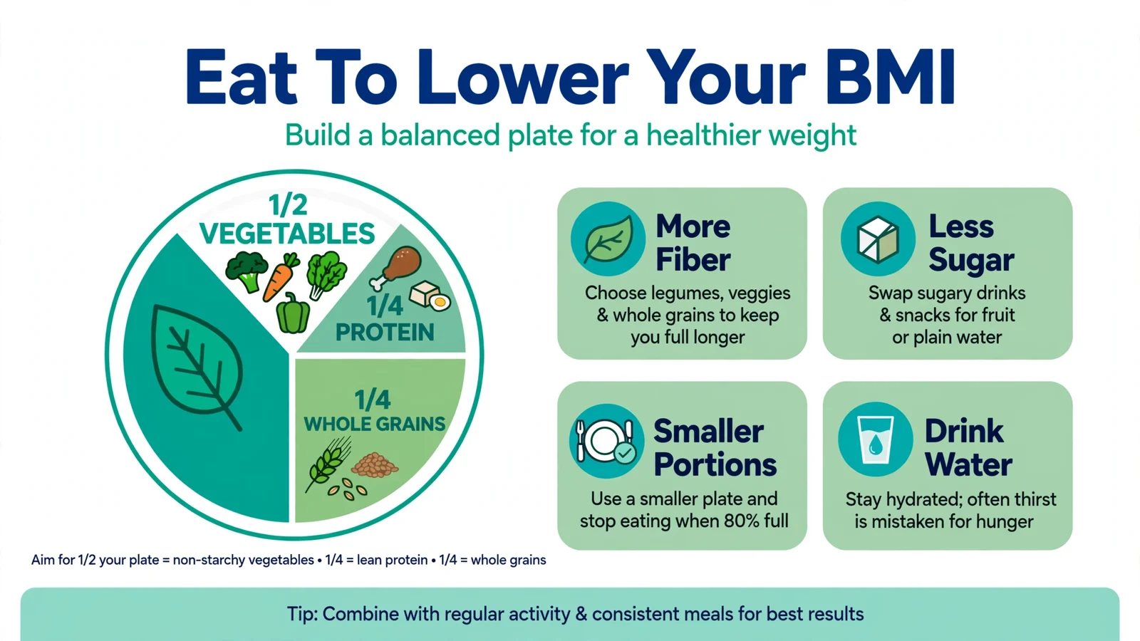 Eat to lower BMI showing healthy plate portions and diet tips
