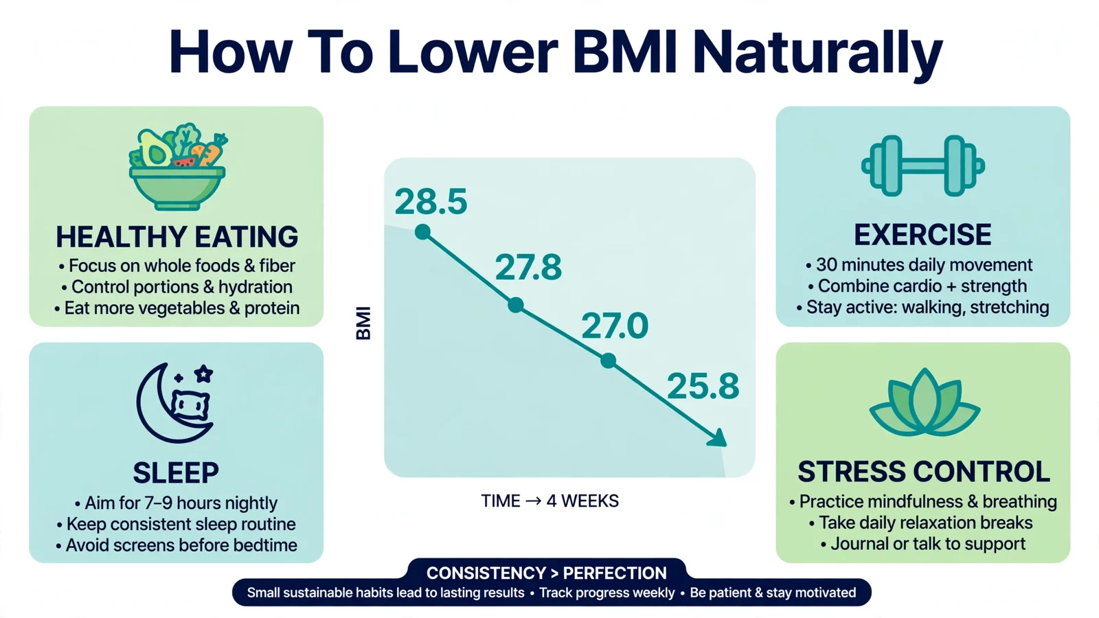 How to lower BMI naturally with 4 pillars diet exercise sleep stress