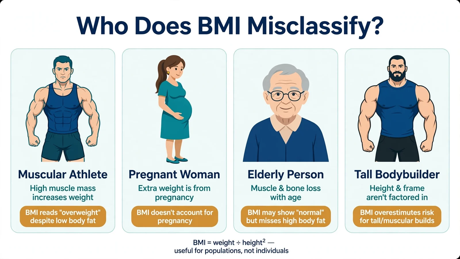 Who does BMI misclassify showing athletes elderly pregnant groups