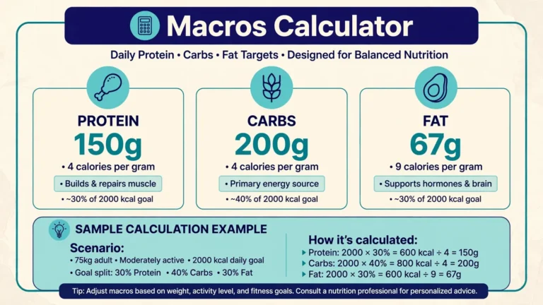 Macros calculator showing protein, carbs and fat daily targets