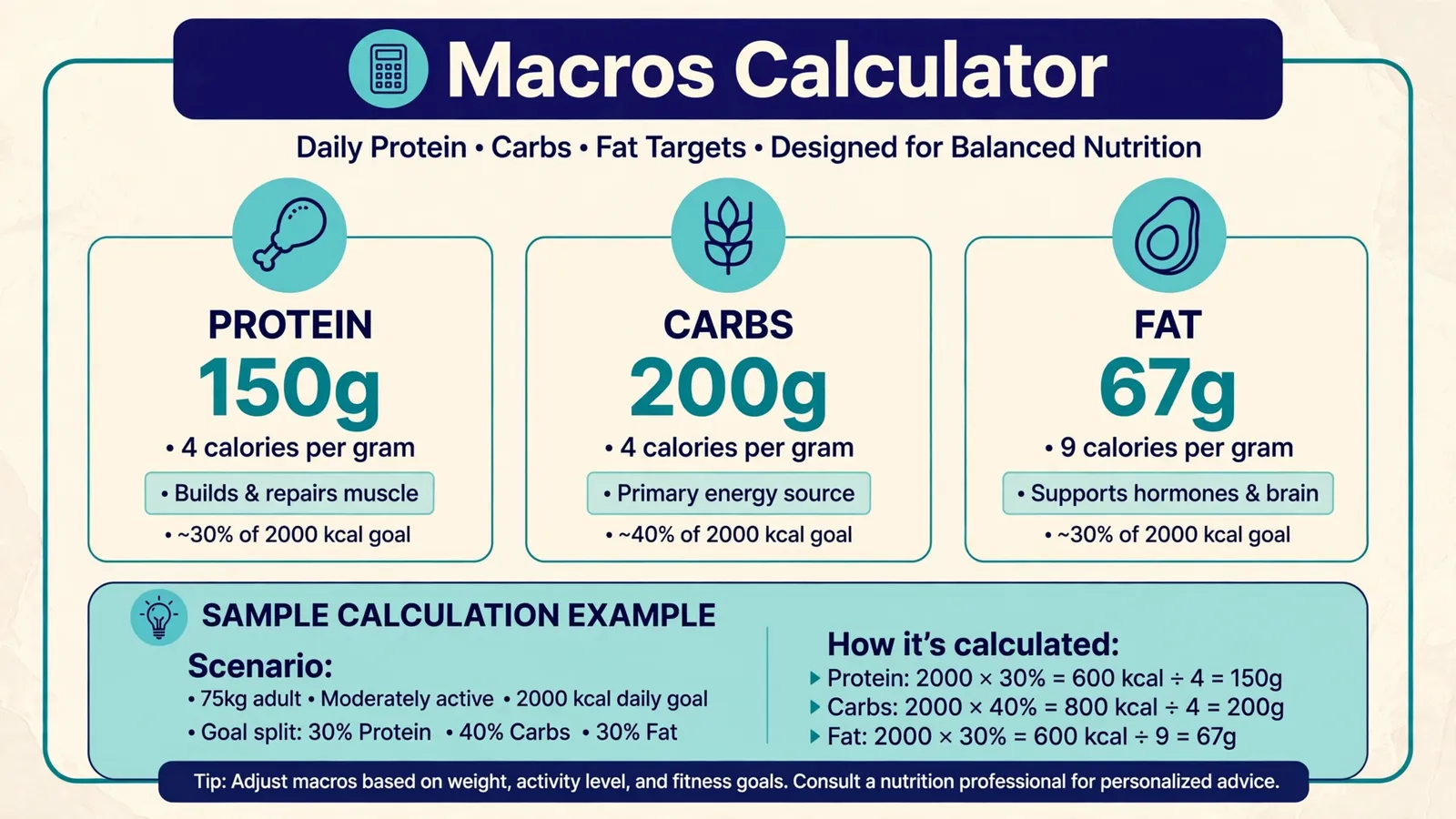 Macros calculator showing protein, carbs and fat daily targets