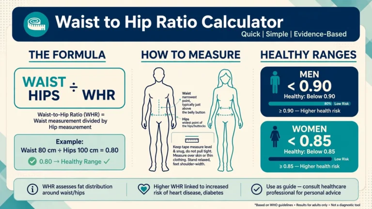 Waist to hip ratio calculator showing healthy ranges for men and women
