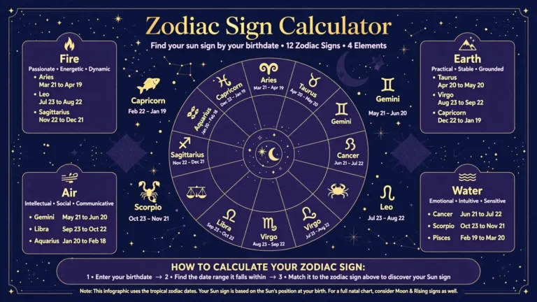 Zodiac sign calculator with all 12 signs wheel and elements